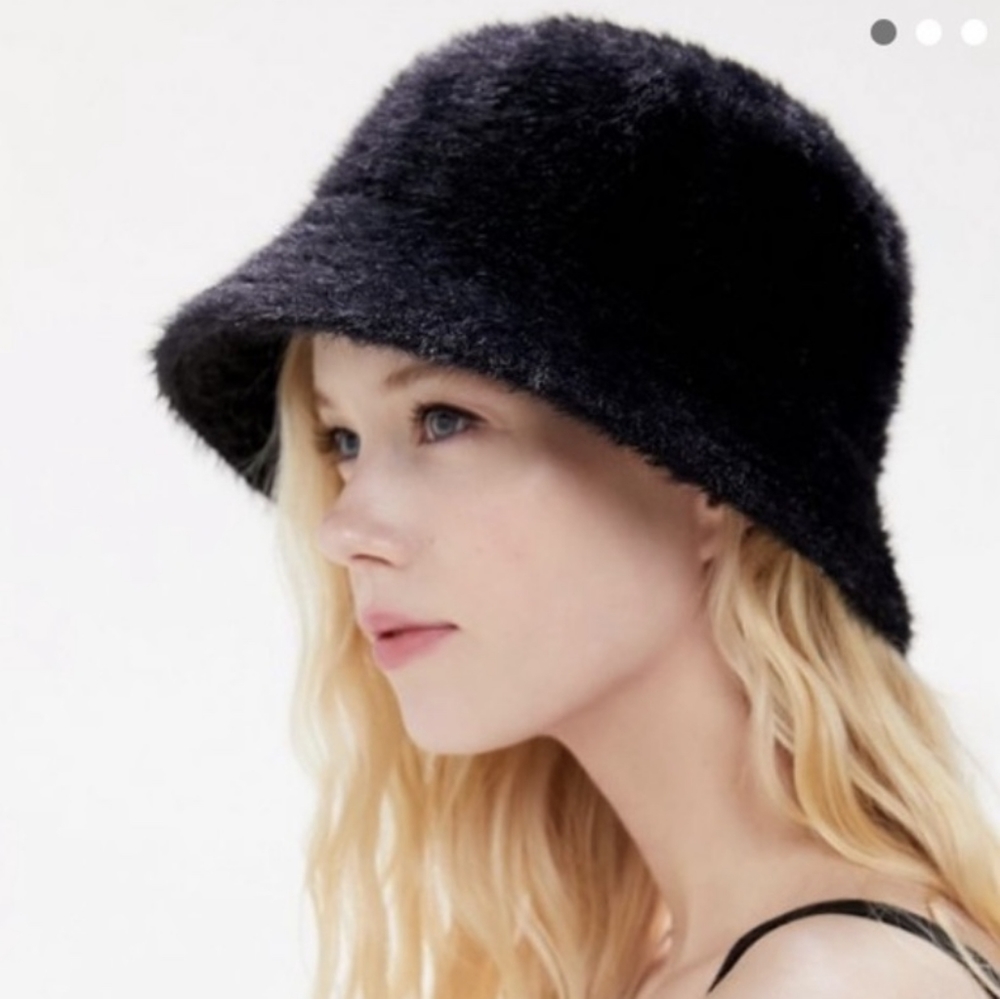 Angora Black Fuzzy Bucket Hat.